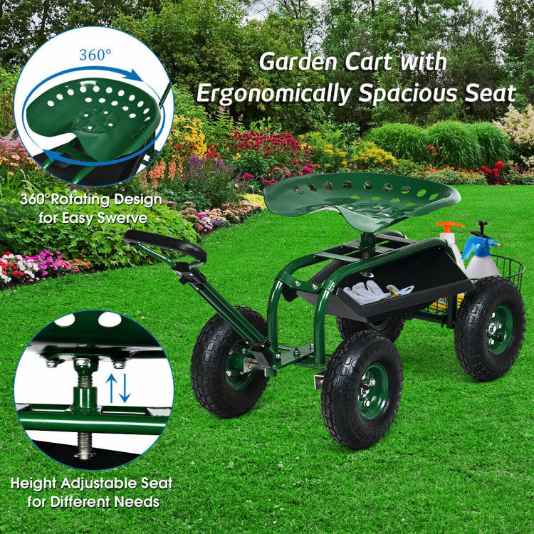 <strong>Trustworthy Garden Cart:</strong> Constructed of a premium powder-coated steel frame, heavy-duty seat, and steel axles, the garden cart is sturdy and durable enough to ensure a large bearing capacity of up to 330 lbs. Besides, the rolling cart can withstand long hours of outdoor work.