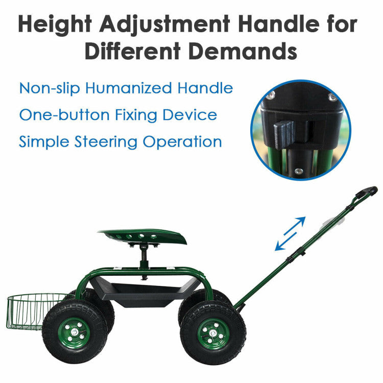 <strong>Tires &amp; Extendable Steering Handle:</strong> Our garden cart has 4 inflated rubber tires that have deep patterns on the surface to prevent slipping. The diameter of each tire is 10'' so that it can increase the contact area with the ground for safe moving. Coming with an extendable steer rod with a comfortable handle in the front of the cart, you can conveniently move the garden cart.