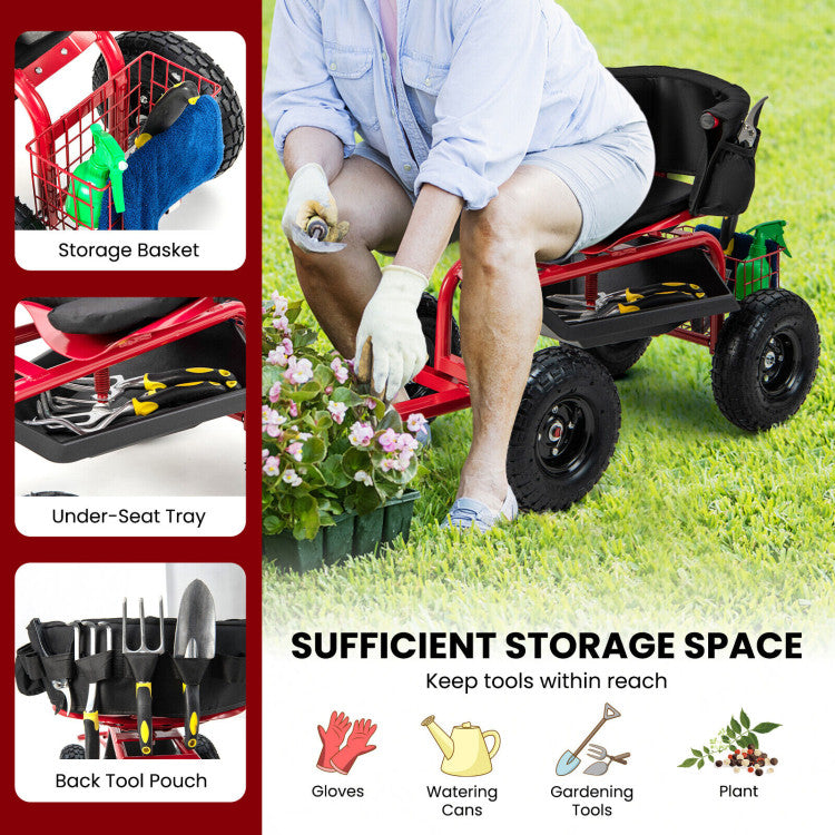 <strong>Sufficient Storage Space:</strong> The patio wagon scooter is equipped with a storage basket, an under-seat tray, and a back tool pouch, giving you good places for keeping tools within reach, such as gloves, watering cans, gardening tools, and flower seeds.