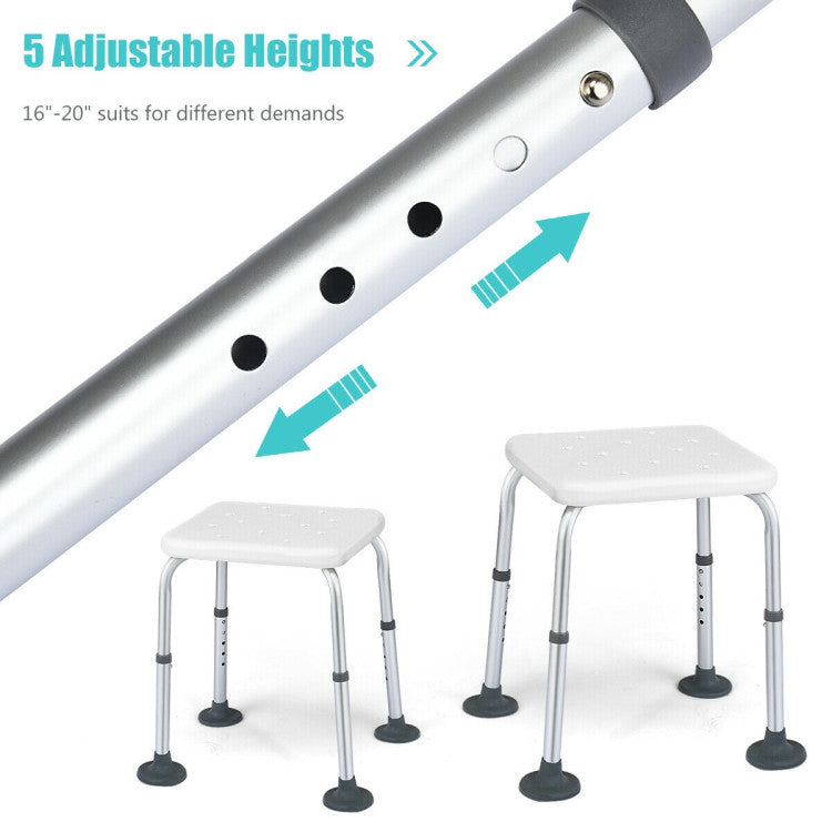 <strong>5 Adjustable Heights:</strong> You are allowed to adjust 5 different heights of this 16" to 20" shower chair to suit your needs. On the other hand, this adjustable design is perfect for people who are unable to stand during the shower, particularly the elderly, disabled, and injured.