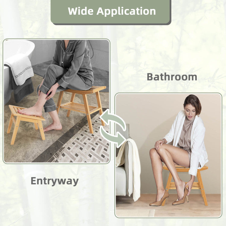 <strong>Wide Application:</strong> Featuring a waterproof surface, this bamboo shower bench and footstool set can easily withstand different environments. Hence, the lightweight structure makes movement effortless. When you put this shower bench and footstool in the desired place, the anti-slip foot pads ensure strong stability. Besides, the round-edge design and FSA certification allow you to use them safely.