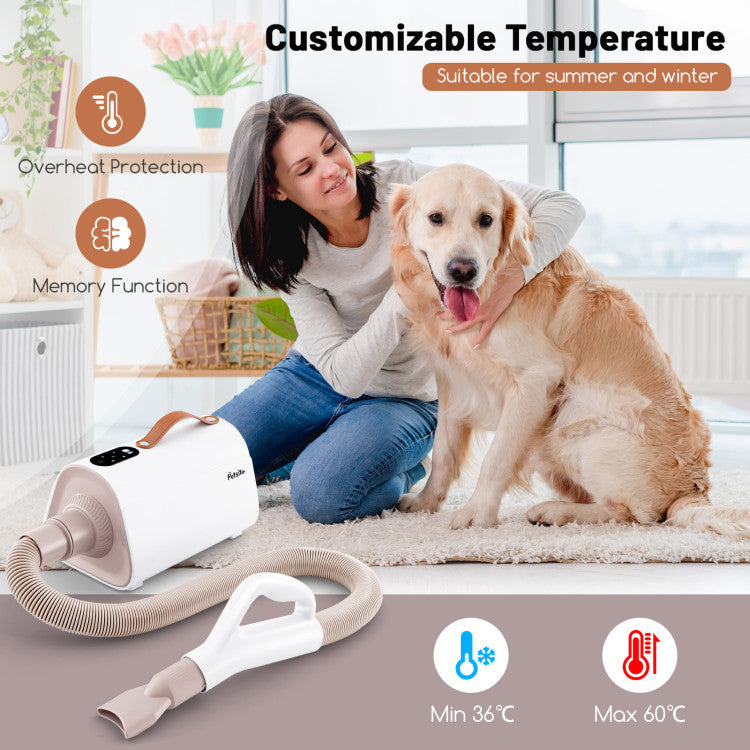 <strong> Adjustable Blowing Temp and Airflow:</strong> With an adjustable design, you can freely set a customized blowing temp from 97℉ to 140℉, while it has a memory function that restores the temp on the initial setting on restart. Plus, the dog dryer offers different airflow levels (30-95 m/s) for pets of different sizes and sensitivities.