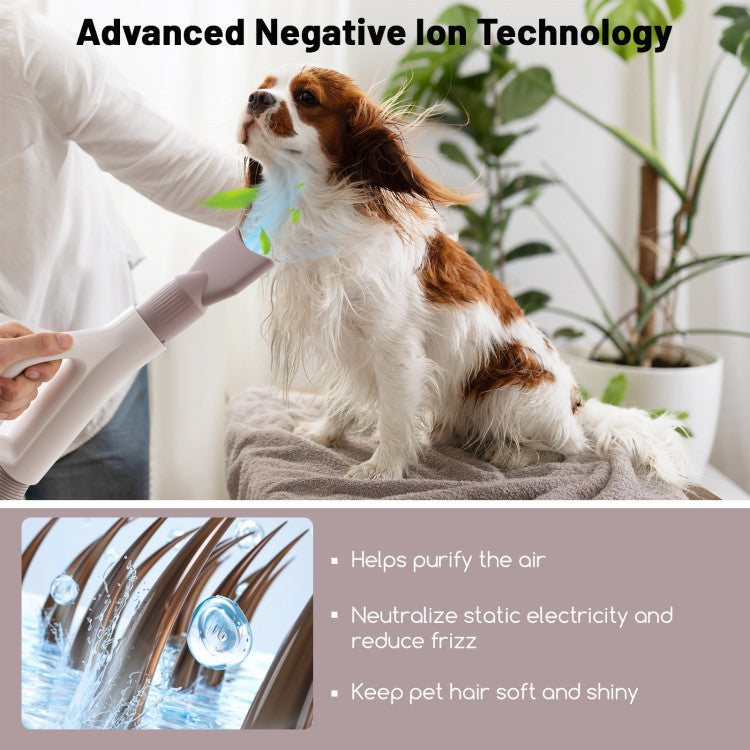 <strong>Advanced Negative Ion Function:</strong> The dog hair blower features a built-in negative ion generator that will deliver lots of negative ions to pets' furs. Thus, the drying process will be accelerated and static electricity will be highly reduced, leaving pets' coats looking shiny and smooth. Also, it produces less noise, avoiding scaring your furry friends.