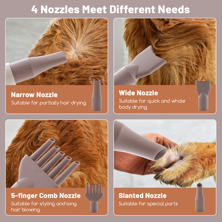 <p><strong> 4 Nozzles and User-Friendly Details:</strong> For thorough drying, the pet dryer with anti-slip feet offers 4 practical nozzles, which satisfy long-hair blowing, partial-hair blowing, and paws blowing. Besides, it has more considerate details. Its lockable connections and telescopic hose ensure smooth internal airflow without any air leakage.</p> <h5></h5>