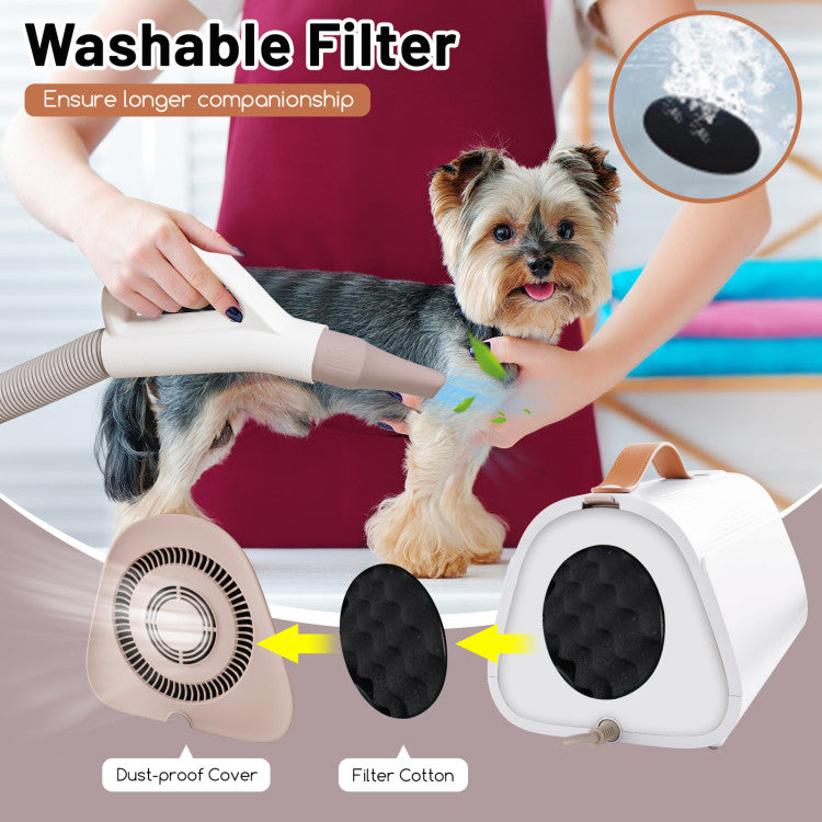 <p><strong>High Security and Washable Filter System:</strong> Considerately, the dog dryer boasts various safety features, including overheat protection, and FCC and ETL certifications. Plus, it has a washable filter system for easy cleaning, while its cover helps minimize noises and prevents pets' hair from tangling, ensuring a stress-free drying experience.</p> <p>&nbsp;</p>