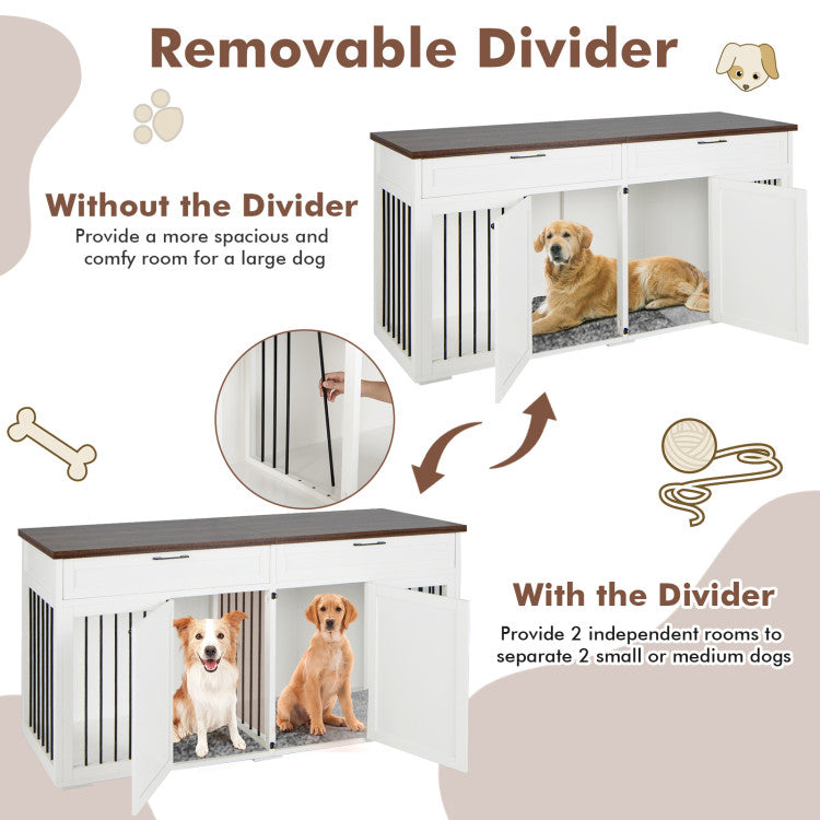 <strong>Double Rooms with Removable Divider:</strong> The dog cage is specially designed with detachable metal tubes in the middle, which can be removed by simply lifting them upward. With the divider, it provides 2 independent rooms to separate 2 small or medium dogs. And without the divider, it provides a more spacious and comfy room for a large dog.