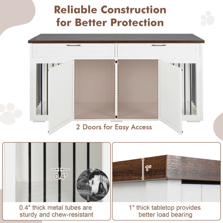 <strong> Reliable Construction for Better Protection:</strong> The large breed wood dog kennel is constructed of 0.4" thick metal tubes, which are sturdier and more chew-resistant than others. And it features double doors and metal locks, providing added security. Moreover, it adopts a 1" thick tabletop, ensuring long-lasting durability and a large loading capacity of 135 lbs.