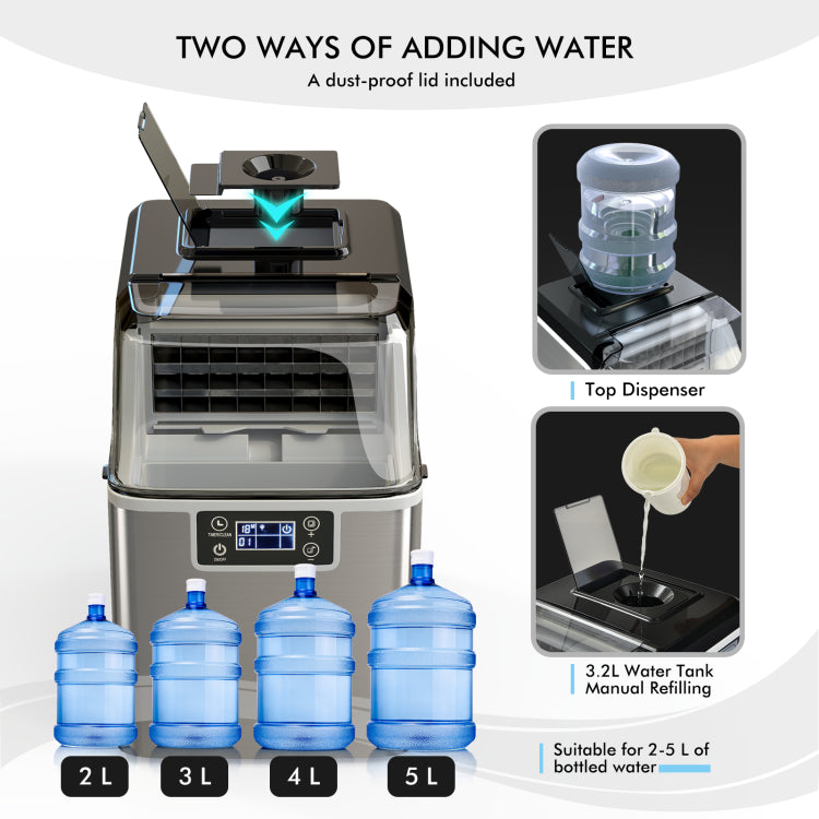 Ultimate Convenience with Dual Water Injections: Experience the convenience of our 3.2 L ice maker machine, featuring dual water injection options. Effortlessly refill the 3.2 L reservoir through the top injection hole, thoughtfully equipped with a dust-proof lid. Plus, you can connect a water dispenser (not included) for streamlined refilling. This ice maker can accommodate a water barrel of 2-5 L, ensuring you're always ready for a refreshing ice supply.