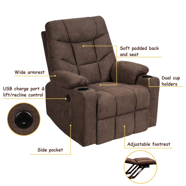 Thoughtful and Convenient Features: Our electric recliner includes a USB charging port, ensuring your devices stay charged while you unwind. The two cup holders on the armrests are perfect for holding water bottles within easy reach. Additionally, the two side pockets allow you to conveniently store small items close at hand.