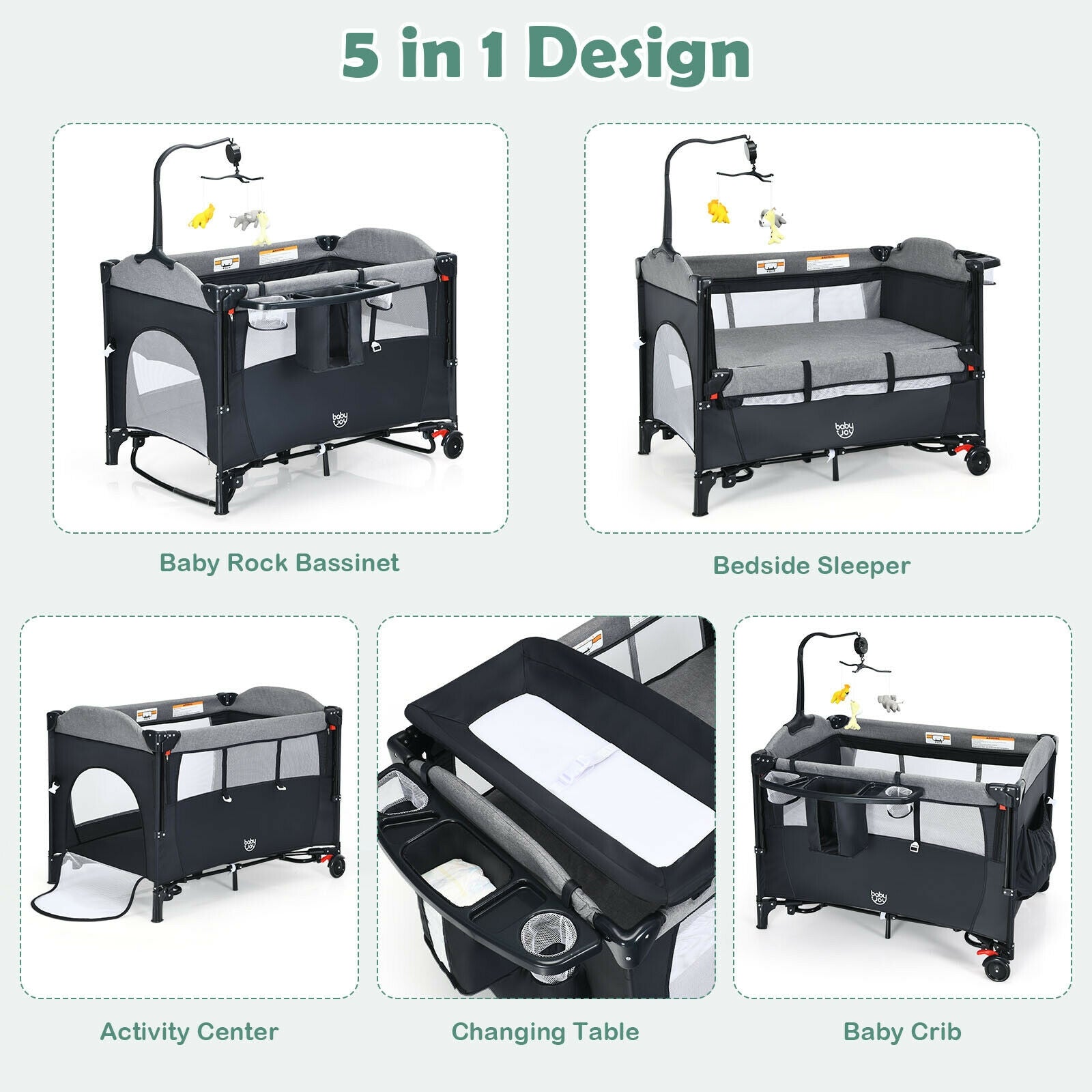 Versatile 5-in-1 Baby Bed: Experience the ultimate convenience with our multifunctional baby bed, offering 5 essential features in one. It serves as a diaper-changing table, bassinet, bed sleeper, baby crib, and activity center, all in a single unit.