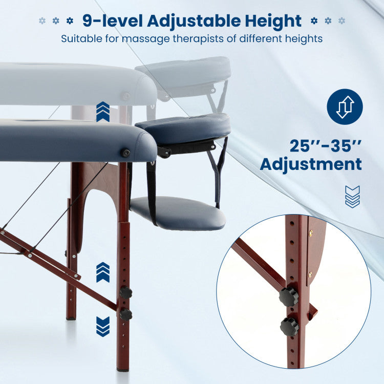 <strong>Adjustable Massage Bed for Better Use:</strong> Tailored to meet the needs of massage therapists of all heights, our adjustable massage bed features a 9-level height adjustment (25”-35”). The face cradle and arm tray are also adjustable, providing a personalized and ergonomic experience for both the therapist and the client.