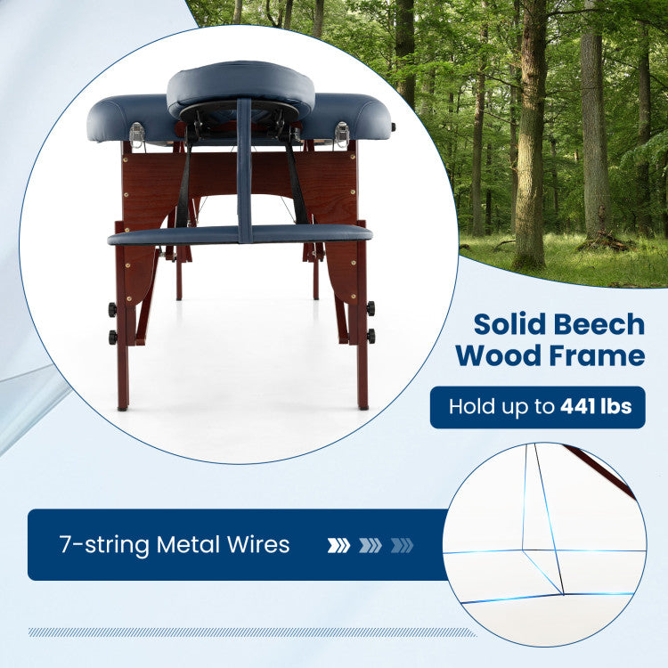 <strong>Sturdy Construction:</strong> Our portable massage table boasts a robust beech wood frame and 7-string metal wires, ensuring an impressive weight capacity of up to 441 lbs. Experience unmatched stability during massages, facials, or other beauty treatments, thanks to the non-slip foot pads that guarantee a secure and steady foundation.