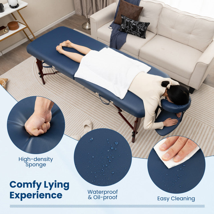 <strong> Comfy Lying Experience:</strong> Indulge in a sumptuous lying experience with our folding massage bed. Covered in skin-friendly faux leather and generously padded with a high-density sponge, it guarantees unparalleled comfort. The waterproof and oil-proof surface not only enhances durability but also facilitates effortless cleaning, ensuring a hygienic and enjoyable experience every time.