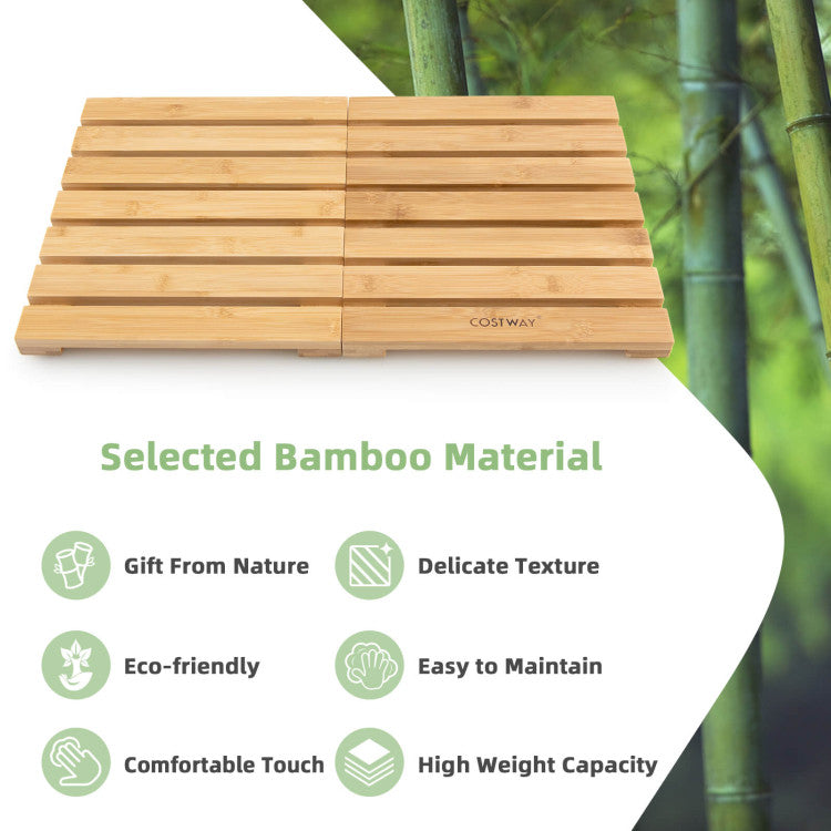 <strong>Selected Material and Stable Structure:</strong> Say goodbye to soggy, slippery floors with our eco-friendly bamboo bath mat! Crafted from carefully selected natural bamboo, this mat boasts superior durability and stability. With 8 non-slip foot pads, it stays securely in place, ensuring safety while you indulge in ultimate comfort.