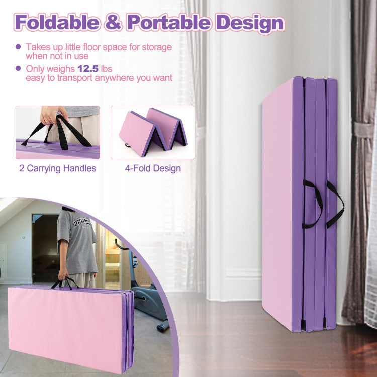 <strong>4-Fold Construction:</strong> Maximize your space with our gymnastics mat's practical 4-fold design, allowing for easy folding and compact storage. Lightweight at just 12.5 lbs and equipped with two carrying handles, it ensures hassle-free transport and storage solutions.