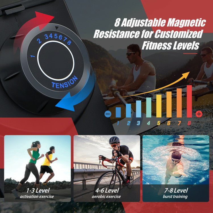 <strong>8-Level Adjustable Resistance: </strong>Experience a full-body muscle workout with our magnetic rowing machine! With 8 resistance levels, engage 85% of your muscle groups simultaneously, ensuring efficient and effective exercise sessions. Take control of your fitness journey and reach your goals with ease.