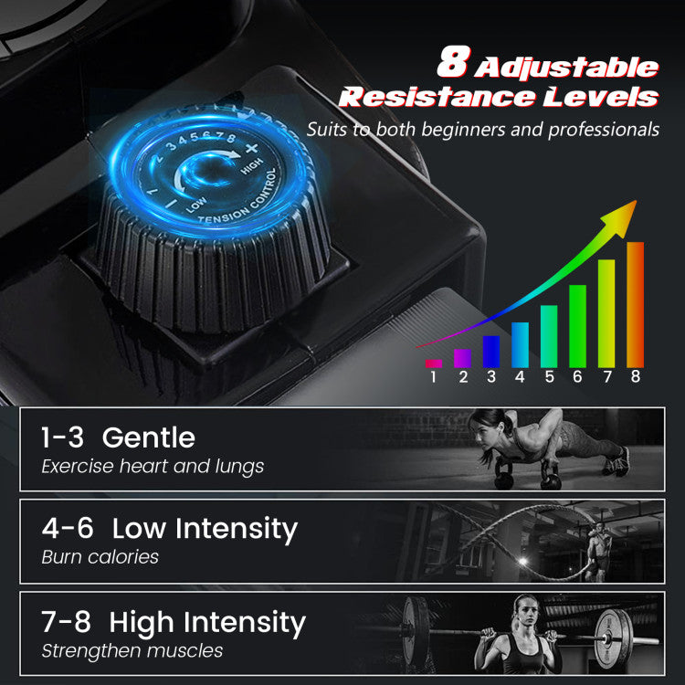 <strong>8-Level Magnetic Tension Resistance:</strong> With 8 adjustable magnetic tension levels, our rower accommodates various body types and fitness levels. From beginners to advanced users, easily customize your workout intensity for optimal results.