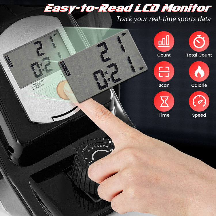 <strong>Easy-to-Read LCD Display:</strong> Stay motivated with our rower's clear LCD! Monitor your performance metrics including total count, calories burned, time, and more. Stay focused and track your progress with every stroke.