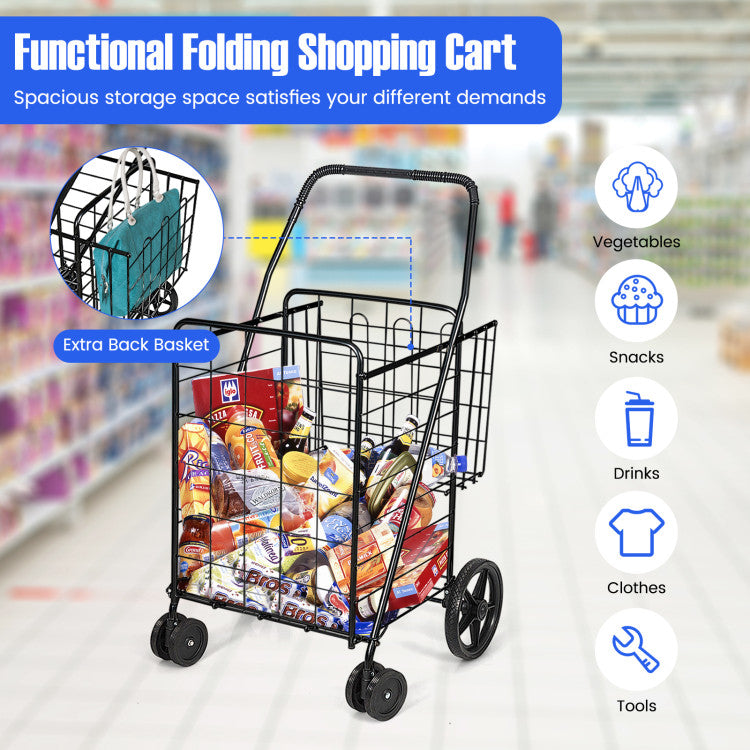 Spacious Storage Solution: Discover ample storage space in our shopping cart, accompanied by an additional back basket for your convenience. Keep your purse, jacket, umbrella, diaper bag, or personal items within reach, ensuring easy access and secure storage.