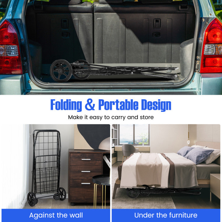 Foldable and Space-Saving: Experience the convenience of our foldable shopping cart that can be easily folded for effortless carrying and transport. When not in use, simply fold it up to save valuable space in your home or car.