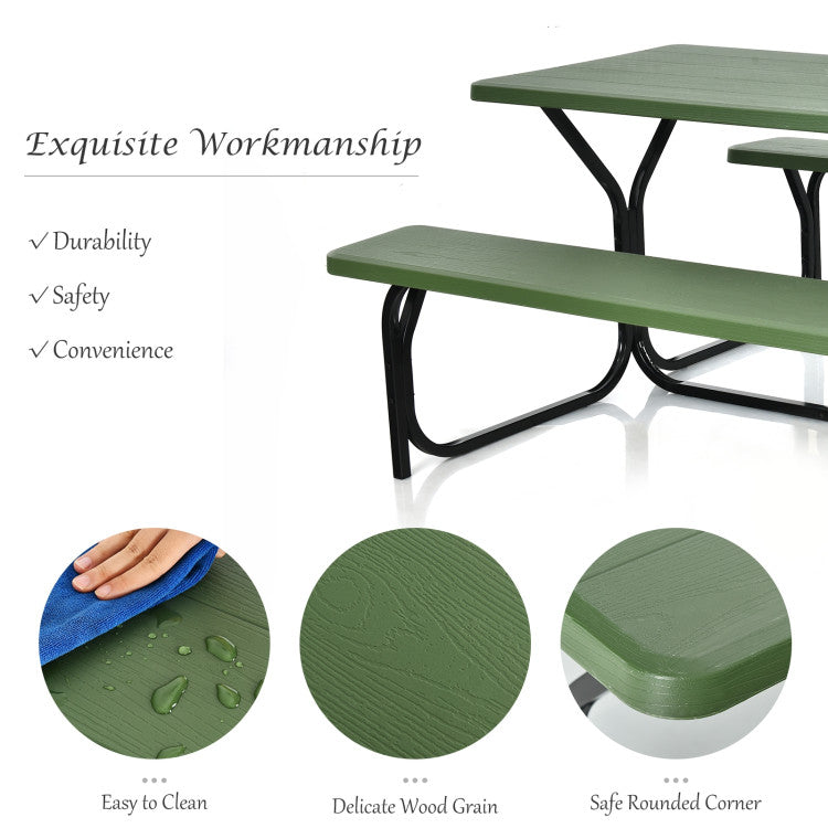 All-Season Durability for Outdoor Enjoyment: Designed for the outdoors, this picnic table set is engineered to withstand all weather conditions. Its tough, cold-resistant, and wear-resistant properties make it an ideal choice for any outdoor environment. The UV-protected table surface ensures longevity by preventing cracks, chips, and peeling. What's more, the stain-resistant surface is effortlessly easy to clean, saving you valuable time.