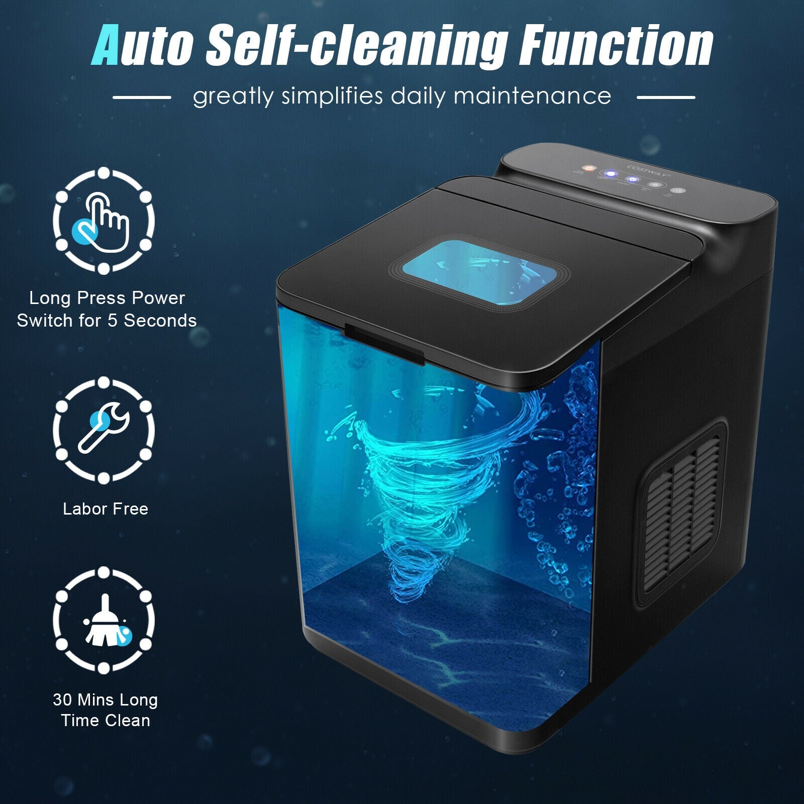 Intuitive Touch Control & Auto Cleaning: Enjoy a hassle-free ice-making experience with easy-to-follow steps: add water, set preferences, and wait for the ice. The sleek touch control panel looks sophisticated and user-friendly. Activate the 30-minute auto clean mode with a simple 5-second press of the power switch, simplifying daily maintenance.