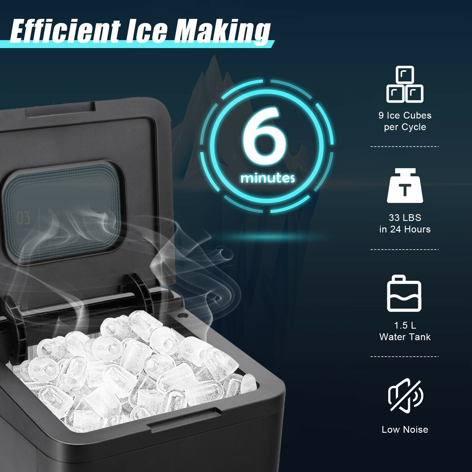 Efficient & Quiet Ice Production: With its high-quality compressor, this ice maker can produce up to 33 lbs of ice per day while operating quietly. It delivers speedy ice-making cycles, crafting 9 fresh ice cubes every 6-13 minutes. A see-through glass lid offers a clear view of the ice-making process.