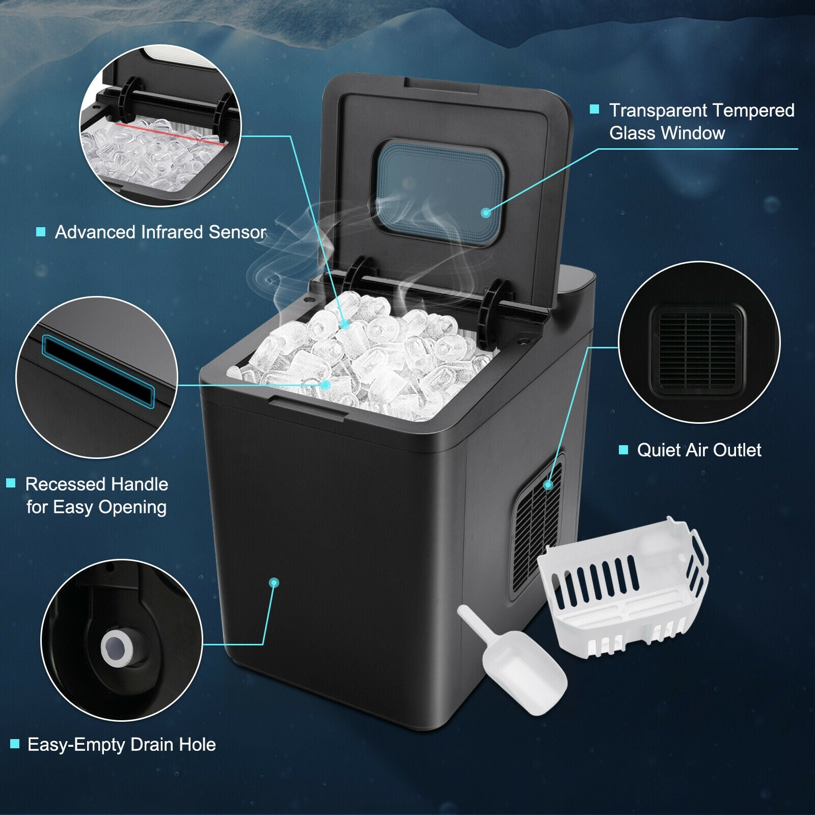 Smart & Efficient Usage with Infrared Sensor: Equipped with advanced infrared sensors, this ice maker detects when the ice bin is full and stops production to prevent overflows. It also pauses and alerts you when the water tank needs refilling, ensuring energy-saving and safe operation. The water tank has a generous capacity of 1.5 liters.