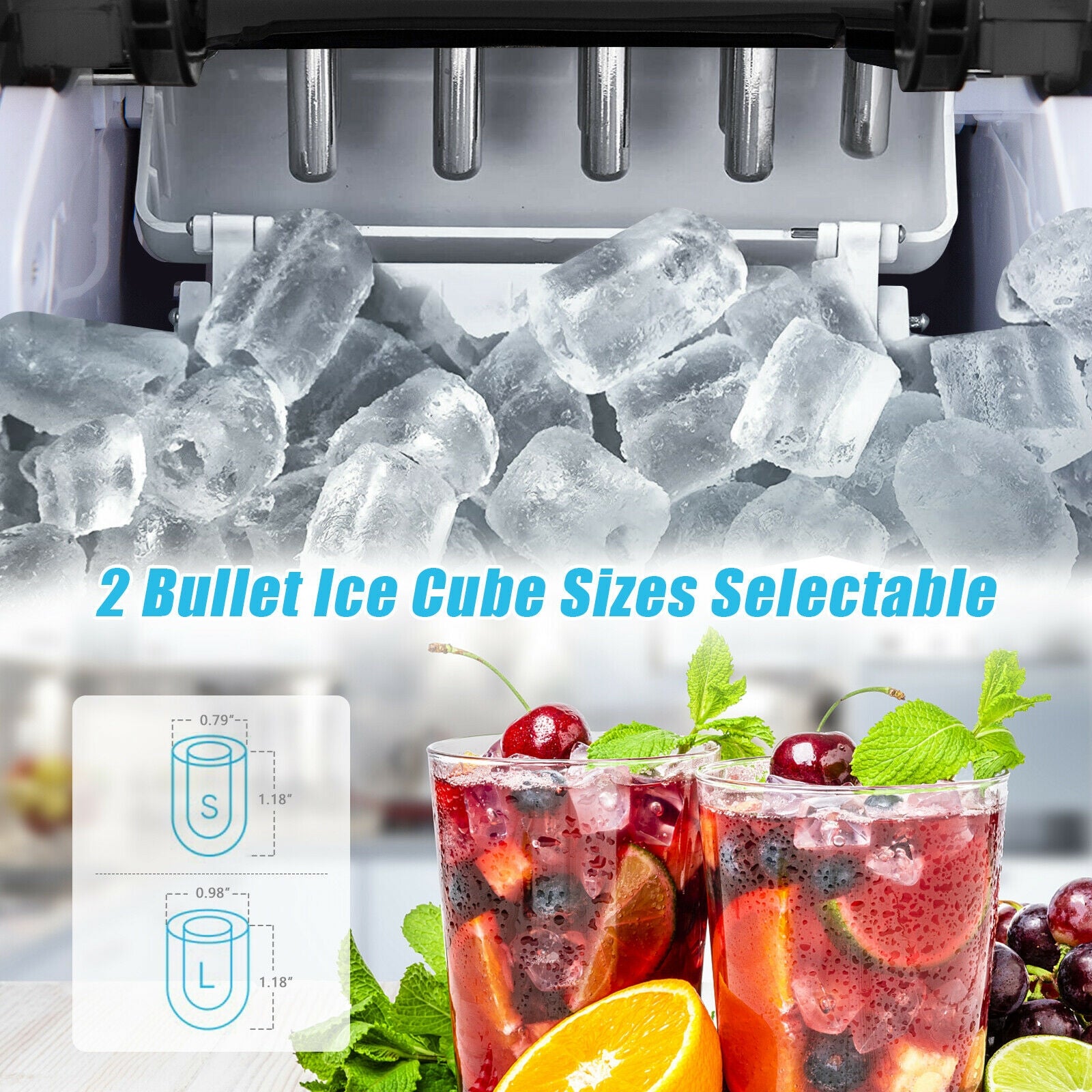 Choice of Ice Sizes: Tailor your drinks with either small or large-sized ice cubes. These round bullet-shaped ice cubes won't harm your mouth. The advanced condenser ensures crystal-clear ice cubes, perfect for chilling beverages, making cocktails, or preserving seafood. The ice maker comes with a removable ice basket and a convenient ice shovel for serving.