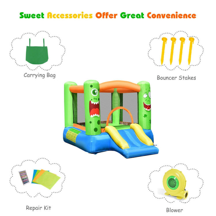 Sweet Accessories for Hassle-free Fun: Our inflatable bouncy castle comes complete with a blower, a carrying bag, a repair kit, 4 bouncer stakes, and 4 blower stakes. With a maximum weight capacity of 198 lbs, it's perfect for two kids playing together. Recommended for ages 3-10 years old, this castle guarantees a joyful and memorable childhood. Get ready for non-stop fun!