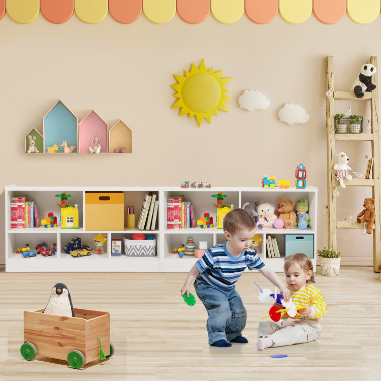 Organize Kids Toys with Spacious Cubes: Get our fantastic kid's bookcase with 5 roomy cubes in 2 different sizes! It's perfect for storing cartoon books, toys, snacks, clothes, and school supplies. Plus, the wide top with elevated edges lets you showcase adorable knick-knacks.