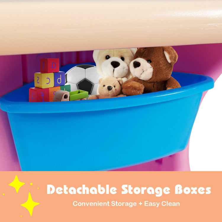 Smart Storage Solutions: Our table features four colorful and eye-catching storage boxes under the tabletop. These boxes are perfect for keeping small toys, pencils, brushes, snacks, and more, allowing your little ones to access their belongings easily. The boxes are also detachable, making clean-up a breeze.