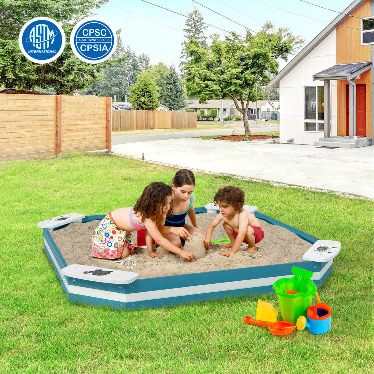 <strong>4 Built-in Attractive Seats:</strong> Featuring 4 built-in seats with charming turtle and spider motifs, our outdoor wooden sandpit provides a whimsical backdrop for endless imaginative play. Each seat can hold up to 66 lbs, inviting friends to join in the fun.<br>