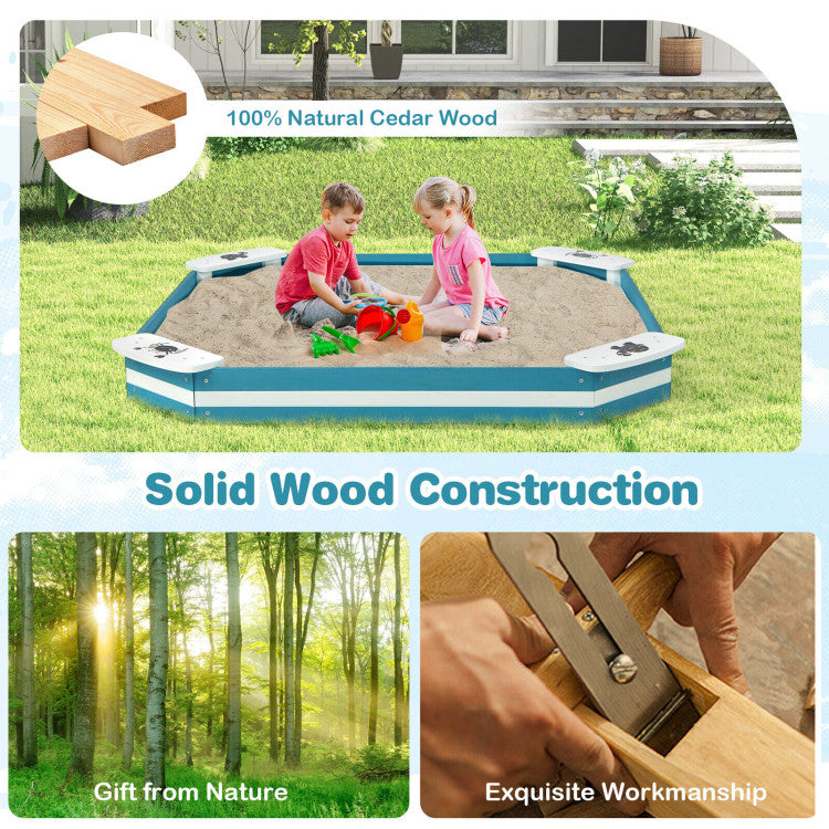 <strong>Premium Cedar Wood Construction:</strong> Our children's sandbox is expertly crafted from durable cedar wood, ensuring years of safe and sustainable play. With ASTM and CPSIA certifications, it's a healthy choice for your little ones, boasting a smooth surface that's gentle on their skin.