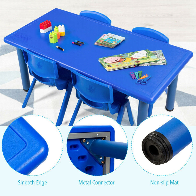Durable Material & Sturdy Structure: Crafted with high-quality HDPE and steel pipe, this rectangle table boasts exceptional strength and durability. The robust legs ensure stability and can easily accommodate up to 4 children, providing a safe and secure environment for play and learning.