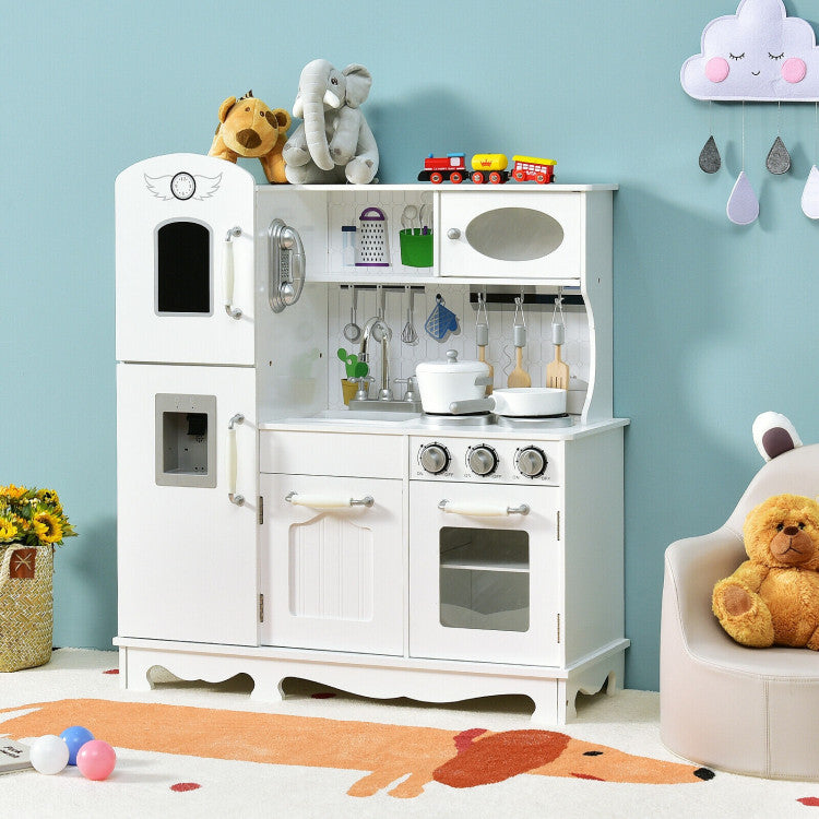 Stylish and Lifelike Design: Captivate kids' attention instantly with the play kitchen's stylish and lifelike design. This play cooking set boasts a sink, simulated oven, cabinets, refrigerator, water dispenser with realistic lights and sound effects, vintage phone, and a range of kitchen accessory toys including pots, pans, and utensils. This play kitchen is the ultimate hub for imaginative play.