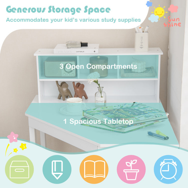 <strong> Large Storage Space:</strong> The tabletop offers enough space for kids to study. More importantly, the raised storage cubbies hold study supplies for easy access, such as books, notebooks, and stationery. Meanwhile, the top area accommodates other items like clocks and potted plants.