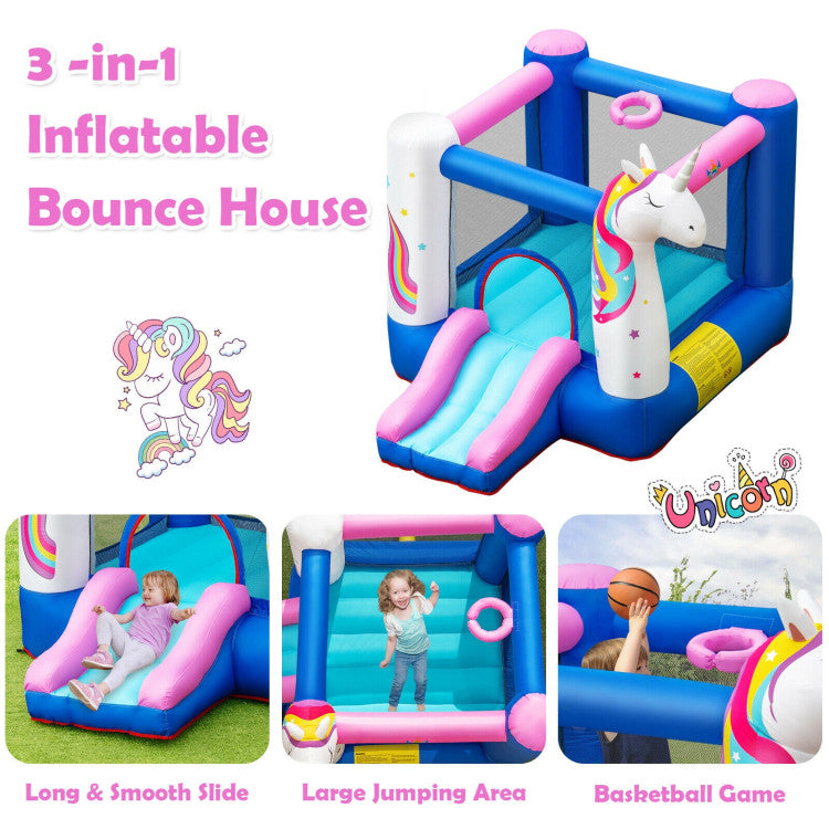 Multifunctional Play Zones: The kids' bouncy castle incorporates an inflatable slide connected to the jumping area, providing the thrill of sliding out and jumping back in through the wide arch entrance. Additionally, the interior boasts a basketball hoop for extra playtime excitement.