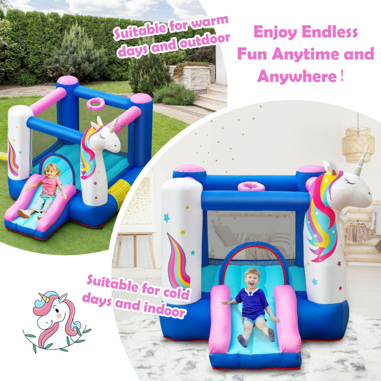 All-Season Versatility: Featuring an eye-catching design, this adorable inflatable bounce house captures children's imaginations, creating joyful childhood memories. It's perfect for year-round use, indoors on the floor or outdoors with bouncer stakes for added steadiness.