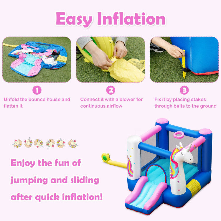 Quick Inflation & Effortless Storage: Set up this bounce house in mere minutes with its included blower. When playtime is over, simply turn off the blower to deflate swiftly. The provided carrying bag facilitates easy storage and transport, making it ideal for both indoor and outdoor use. (380W blower included; shipped separately)