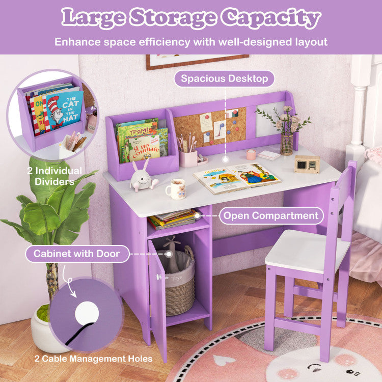 <strong>Large Storage Space:</strong> The spacious tabletop offers plenty of room for various activities. In addition, equipped with a bookshelf, open compartment, and single-door cabinet, the writing desk can keep books, pencils, clocks, toys, and other essentials well organized.