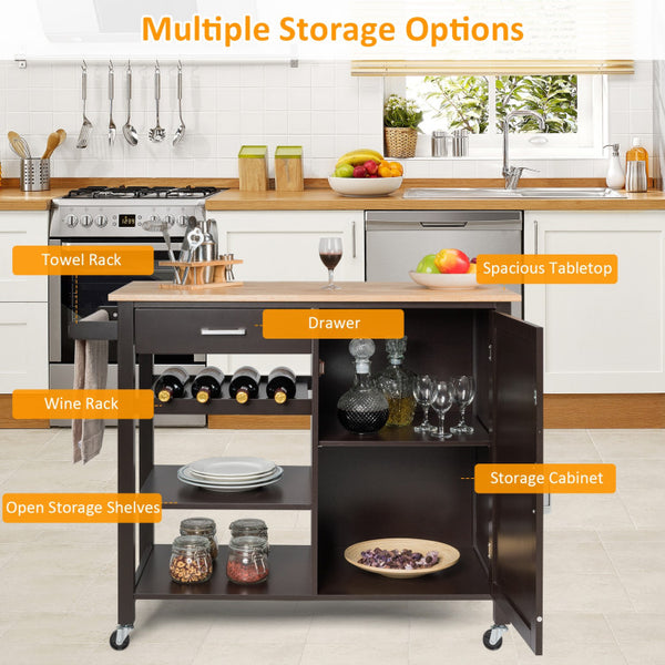 Ample Storage Capacity: Designed with multiple layers, this utility cart offers spacious storage options while optimizing floor space. The convenient pull-out drawer is perfect for organizing small cutlery items, while the wine rack can securely hold up to 4 bottles of your favorite wine. The two-tier rack below provides ample room for food preparation and placement, while the cabinet on the right offers additional storage space for personal belongings.