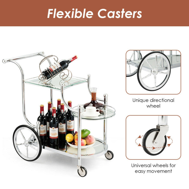 Easy Maneuverability: Equipped with two universal wheels and two directional wheels, this glass cart offers effortless mobility. The front wheels are highly flexible, allowing for 360-degree rotation. The raised handle provides a comfortable grip, making it easy to push and control the rolling cart with minimal effort.