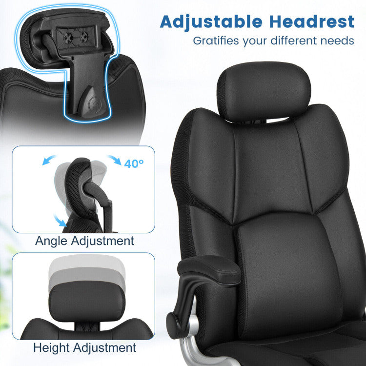 <strong>Adjustable Headrest and 360° Rotation:</strong> Tailor your comfort with our adjustable headrest and 360° rotation feature. Customize height and angle for optimal support, while enjoying the freedom to turn in any direction. Experience ergonomic bliss as you work or unwind in our office desk chair.
