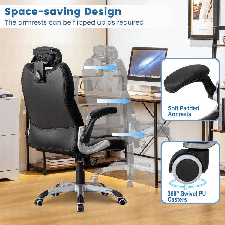 <strong>Movable and Space-saving Design:</strong> Maximize efficiency with our movable executive chair. Equipped with silent PU casters, effortlessly glide from one task to the next. Flip-up armrests and compact storage under the desk ensure seamless integration into any workspace, saving valuable floor space.