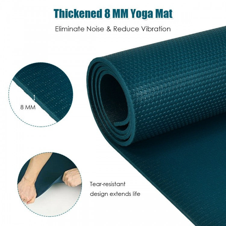 <strong>Tear-resistant and Durable Material:</strong> Crafted for longevity, our yoga mat boasts a robust material that resists tears and wear, supporting your practice session after session. With an 8mm thickness, it provides the ultimate comfort and protection for yogis of all levels.