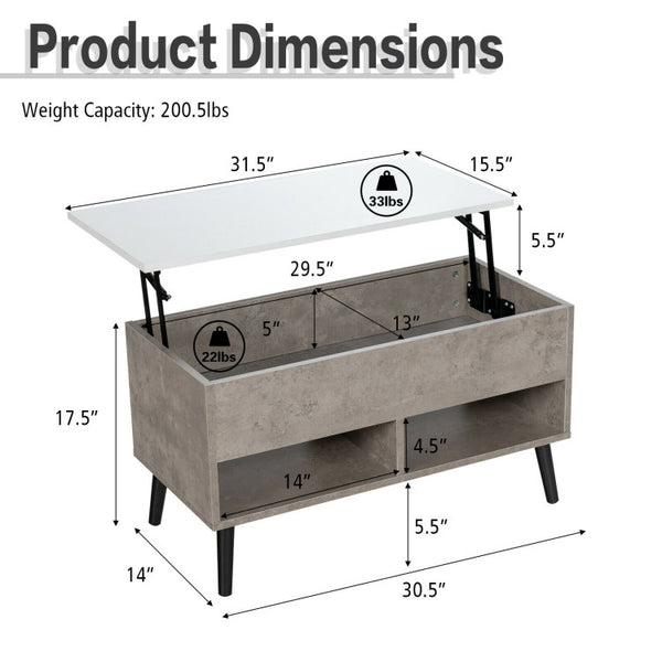 Hikidspace Lift-Top Coffee Table with Hidden Storage and 2 Open Shelves