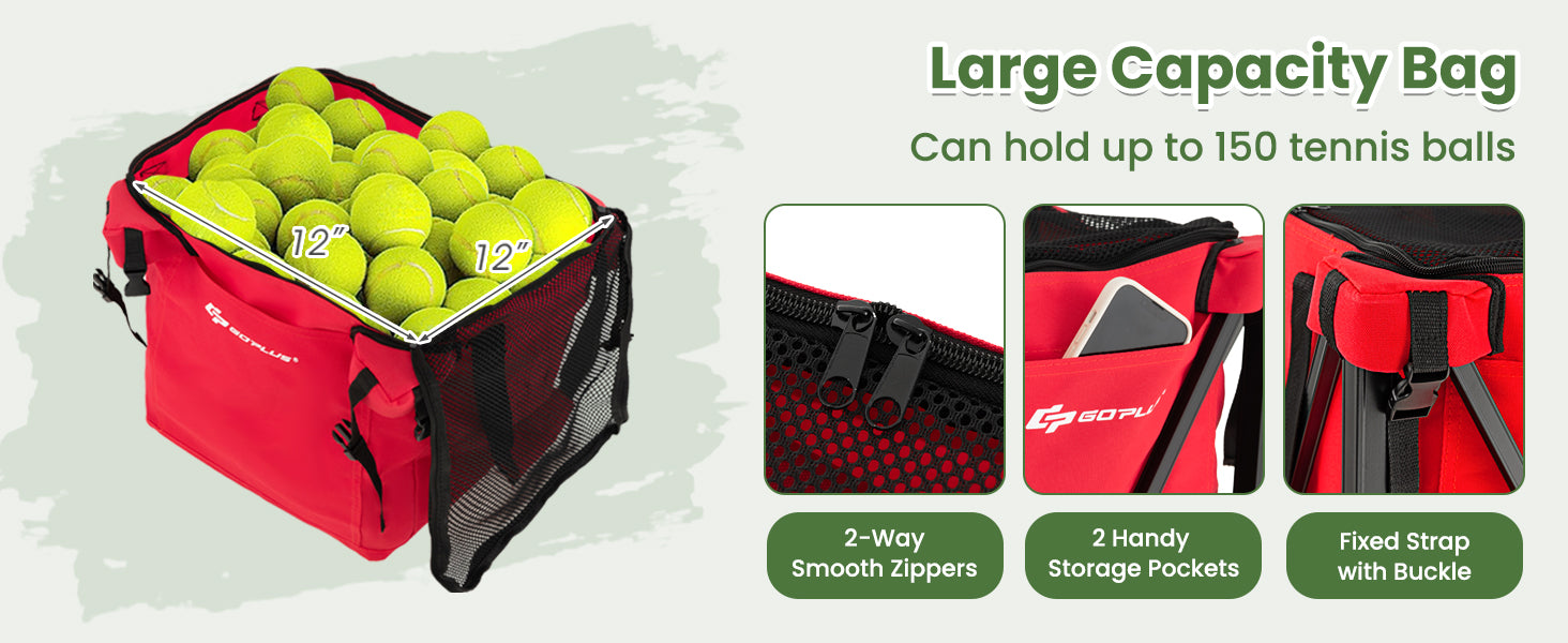 Removable Large Capacity Bag: Boasting a generous capacity of up to 150 tennis balls, our tennis ball cart ensures you never run out during practice sessions or training. The removable large-capacity bag makes ball retrieval a breeze.