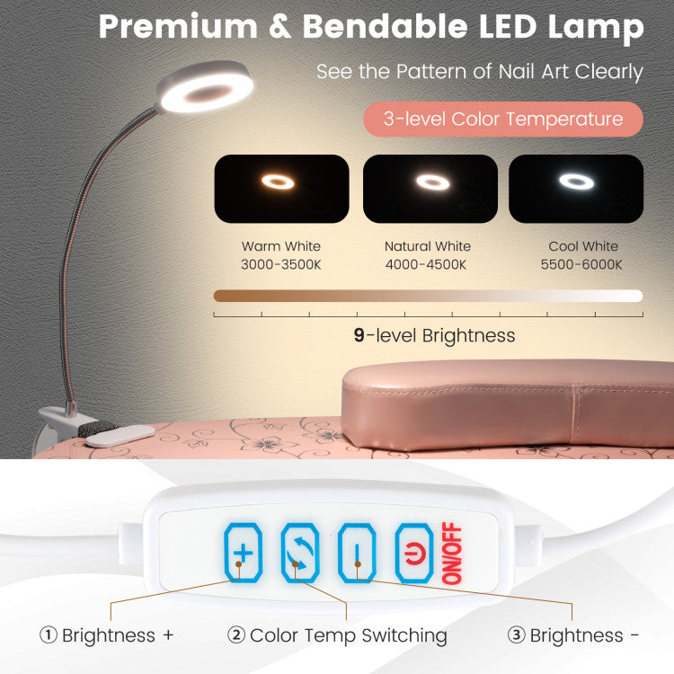 <strong>Bendable LED Lighting:</strong> Enhance your nail art precision with the adaptable LED light, offering three color temperatures and nine brightness levels. Its flexible design ensures optimal illumination for intricate designs.