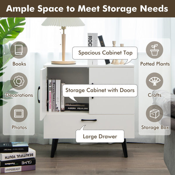 Spacious Storage Solution: Elevate your organization game with our ample storage cabinet, featuring a roomy enclosed compartment and a convenient pull-out drawer. It effortlessly meets your storage requirements, contributing to a clutter-free living area. The expansive top surface also doubles as an excellent showcase for your cherished decor pieces.